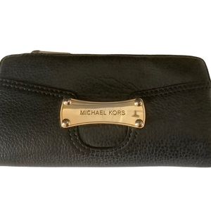 Michael Kors black pebbled leather checkbook wallet zipper pocket metal logo